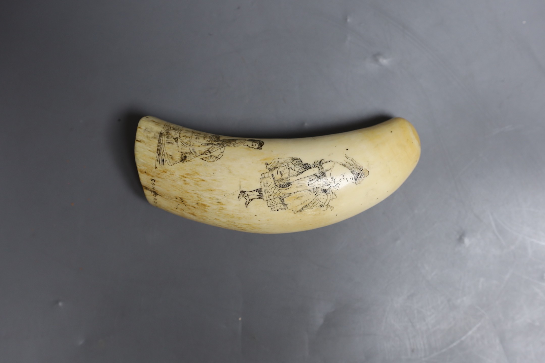 A 19th century scrimshaw sperm whale tooth, inscribed CONCORDIA, decorated with a seated gentleman reading a newspaper, Masonic symbols, and three ladies, 14cm